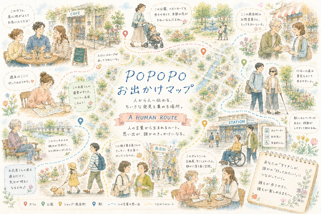 人から人へ伝わる小さな発見を描いたPOPOPO お出かけマップの水彩イラスト